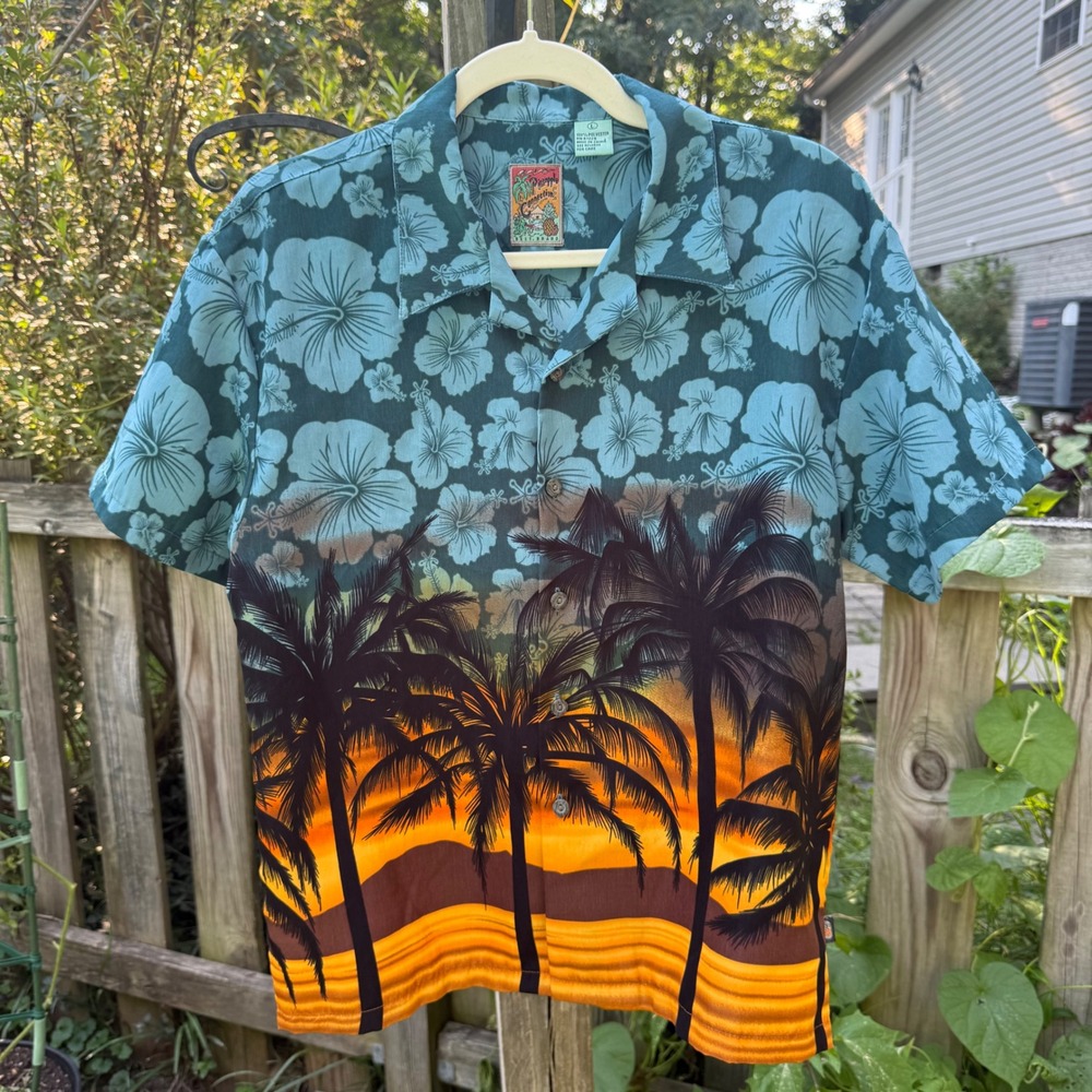 Pineapple Connection Aloha Shirt Blue Hibiscus Palm Tree Sunset Hawaiian Large